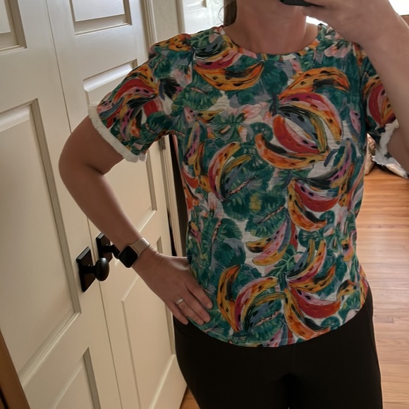 Chico's Linen Fringe Elbow Sleeve Tropical Banana Print Tee Top 00 xs - Picture 16 of 16